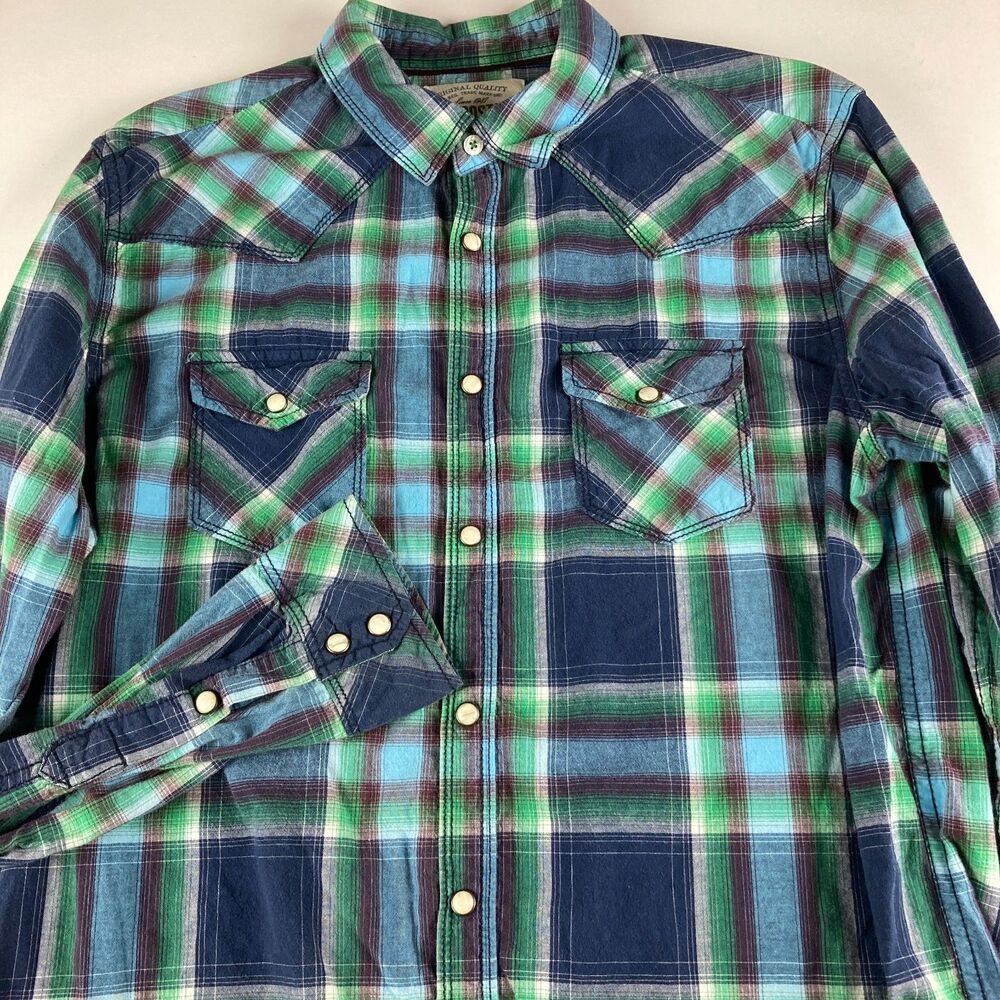Aeropostale Western Shirt Mens Large Plaid Pearl Snap Blue Green Cotton